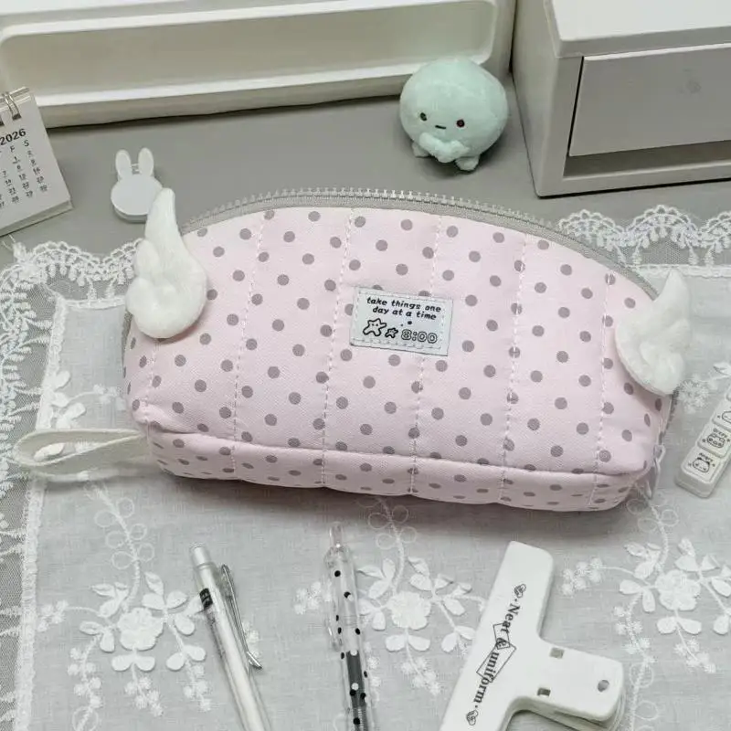 【A】Polka Dot Print Pencil Case Shell Shape Large Capacity Pencil Pouch Multi-Layer Divided Portable Stationery Storage Bag 1PC