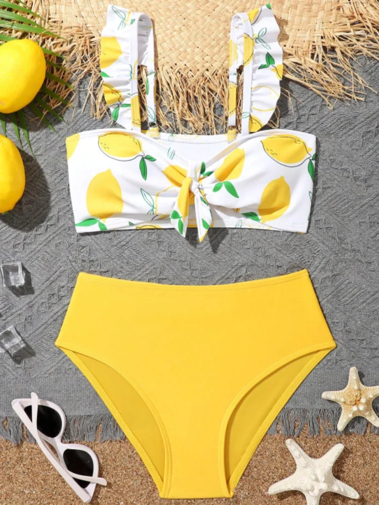 Girls Ruffle Lemon Print Bikini Two Pieces Swimsuit Kids Bandeau High Waist Children's Swimwear 7-12Years Teenager Bathing Suit