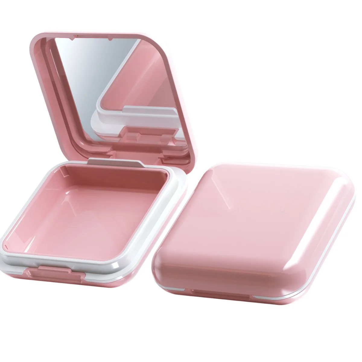 

Orthodontic Retainer Case for Invisible Braces Blue Plastic Storage Box with Lid Mirror Hinge and Teeth Cleaning Tool