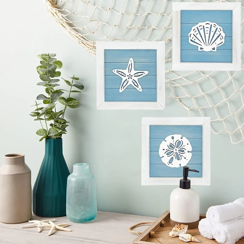 

C2 Ocean Theme Beach Wall Decor 3D Wall Art Room Decoration With Starfish Seashell Sand Dollar Vintage Beach Home Bathroom Decor