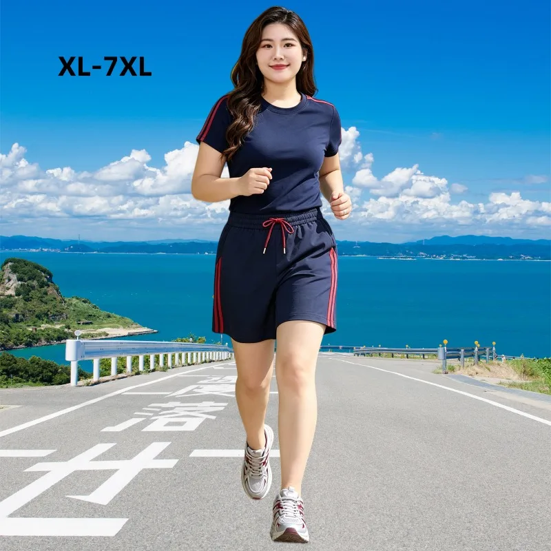 2026 Plus Size Women Summer Sportswear Set Casual Two Piece Outfit T Shirt Shorts Athletic Tracksuit Loose Fit Active Wear Set