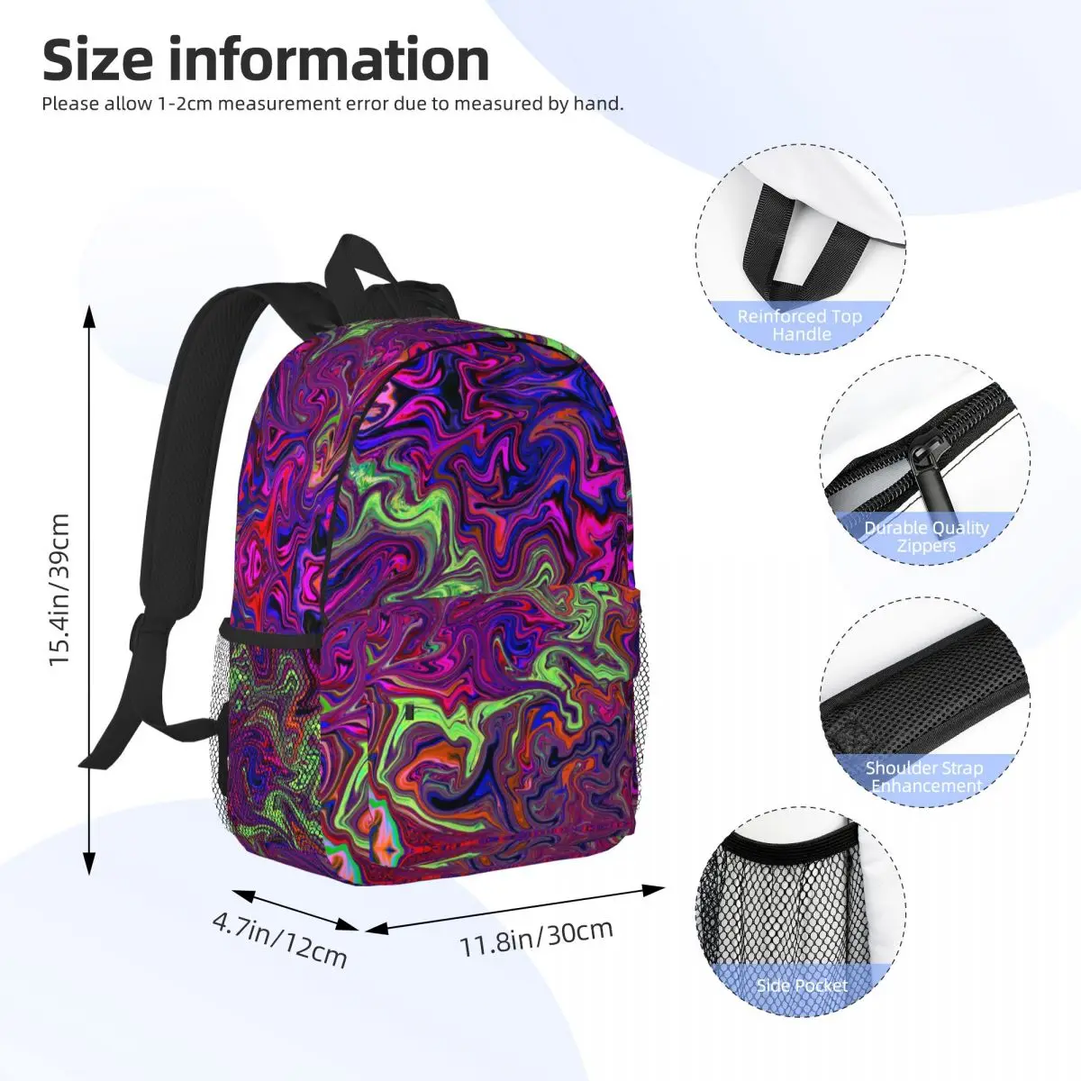 Abstrato redemoinho psicodélico arte viagem mochila para homens e mulheres, escola computador Bookbag, estudante universitário mochila sacos