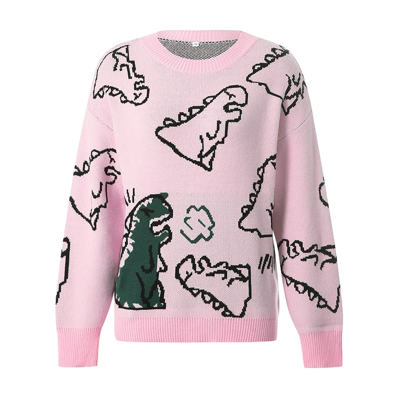 Adults Knitwear Cartoon Dinosaur Print Round Neck Long Sleeve Tops For Spring Fall White Black Khaki Green Pink Blue S M L