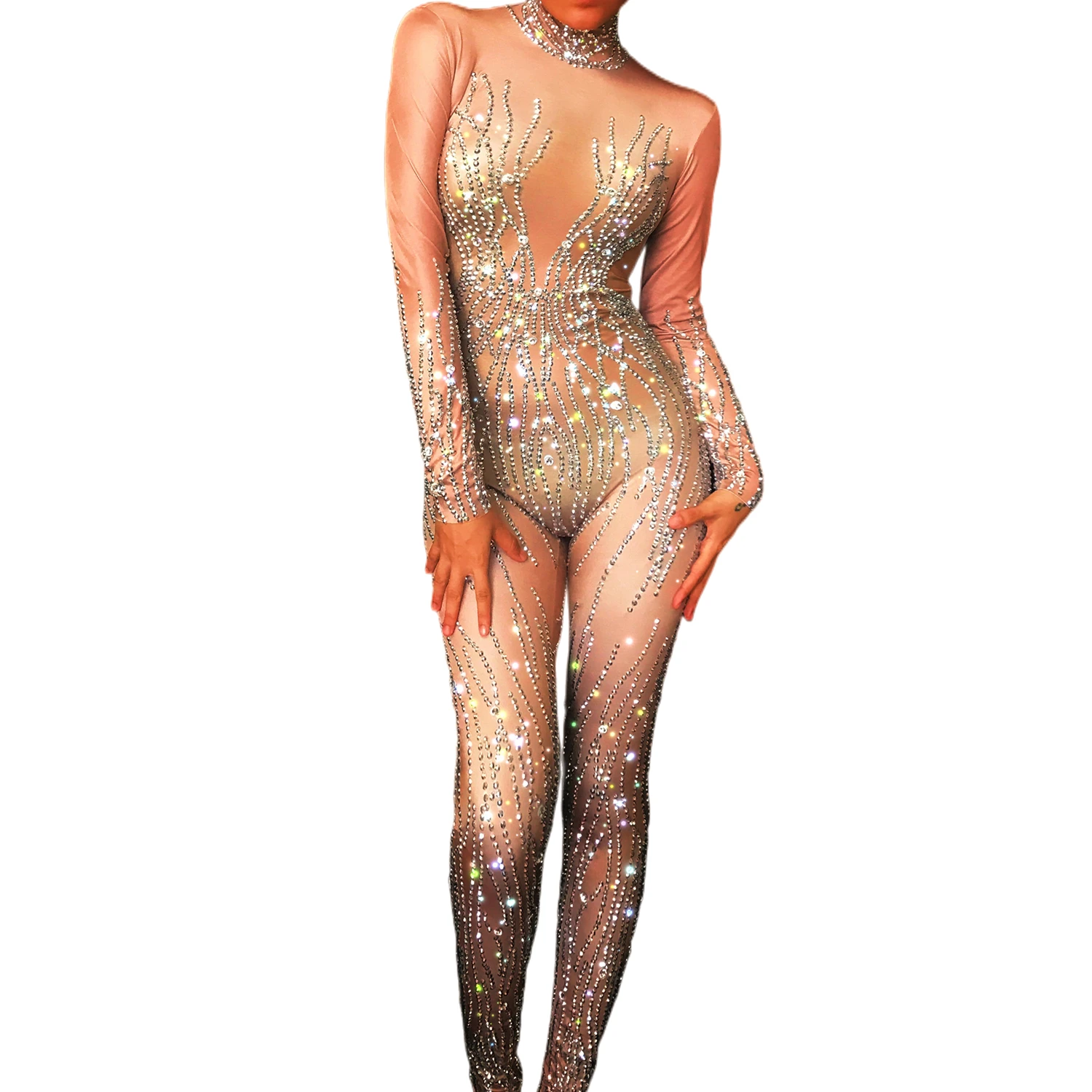 

Nude Sparkly Silver Rhinestone Tight Fitting Jumpsuit Sexy Women Long Sleeve Spandex Elastic Club Performance Jumpsuit Kuangyin