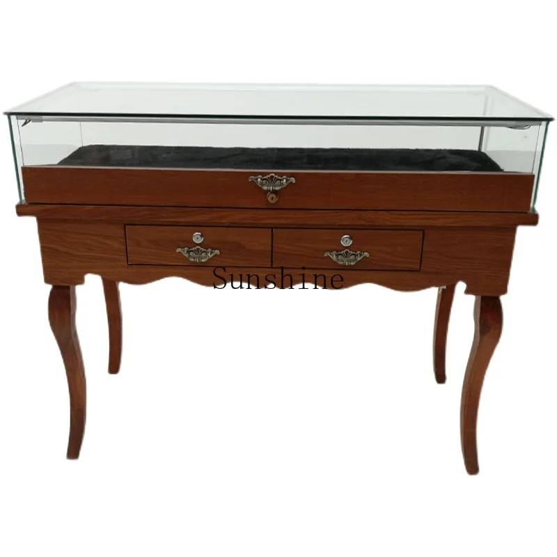

Solid wood retro exhibition hall glass table jewelry watch boutique showcase customization is simple