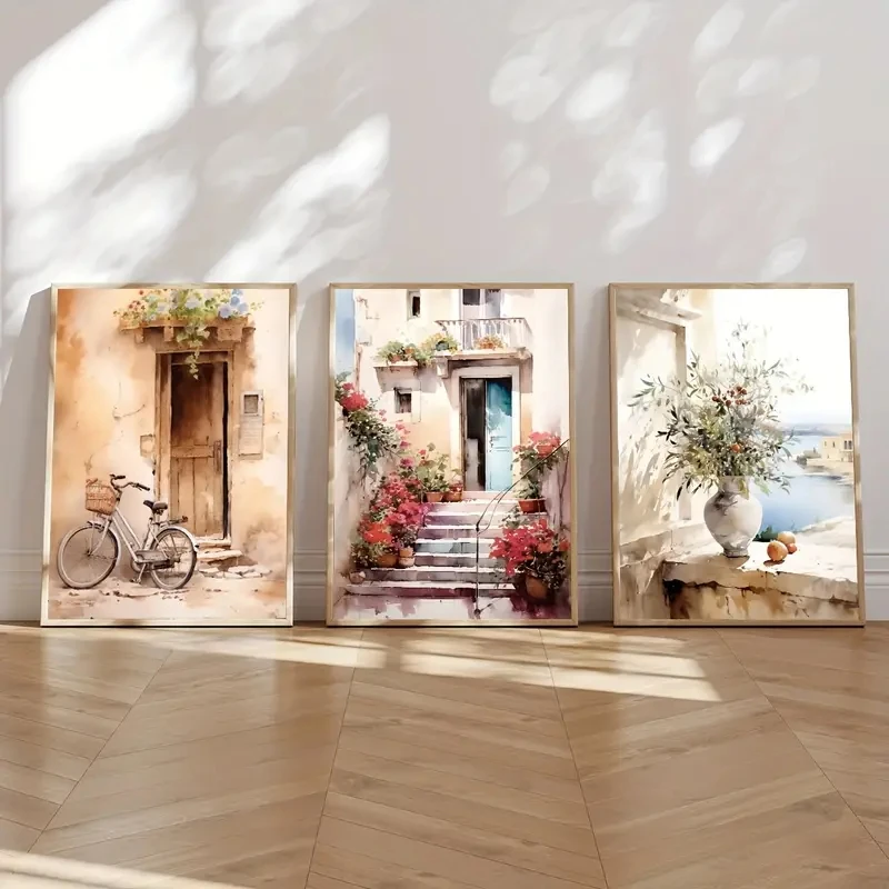 3PCS frameless decorative art print,3Pcs/Set Modern Geometric Landscape with Bicycle Garden Corner Vase Pattern Canvas Art Li