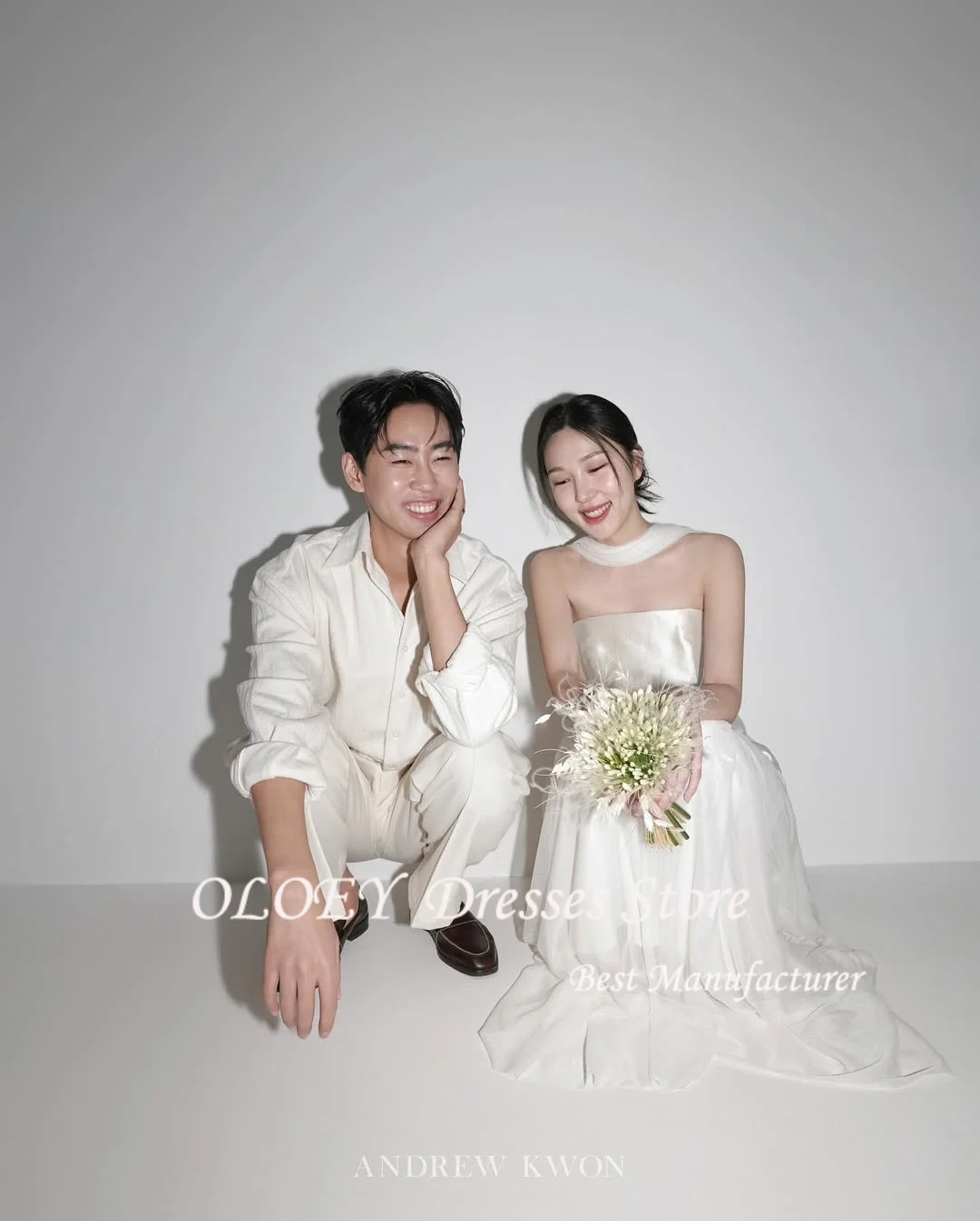 OLOEY New A Line Wedding Dresses Simple Strapless Scalf Bridal Gowns Photo shoot Korea Vestidos Customized