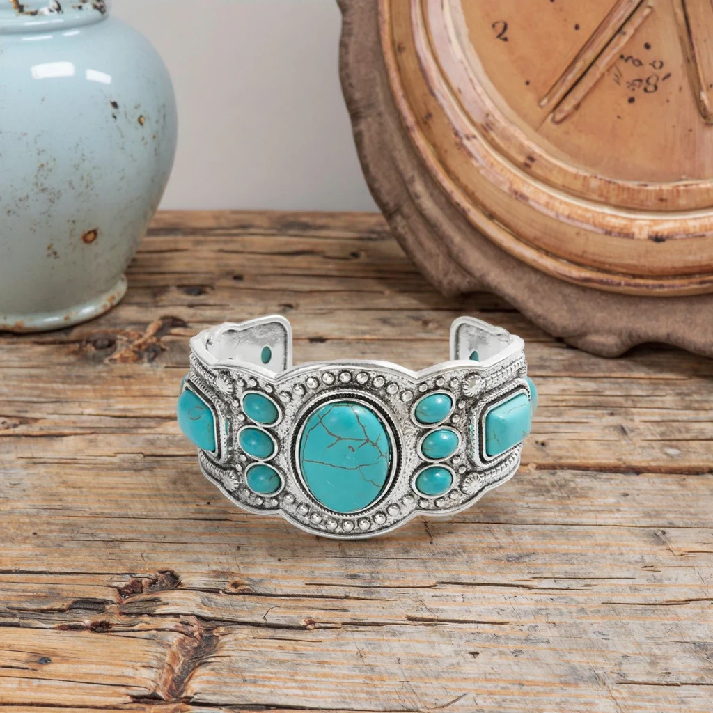 Handcrafted Wide Bangle with Turquoise Stone December Birthstone Bracelet for Daily Wear Bohoturquoise-Inspired Cuff Bracelet