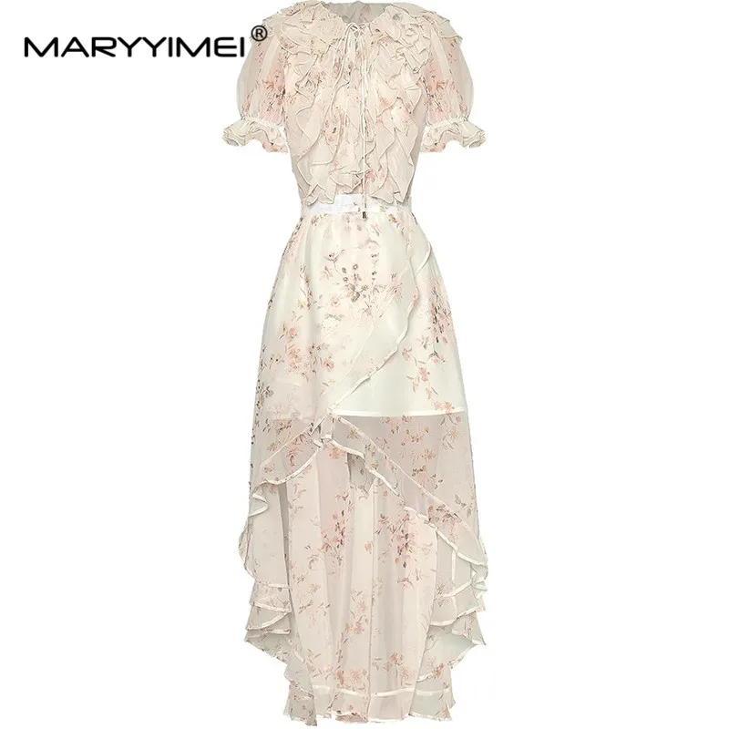 

MARYYIMEI Spring Summer Women's Suit V-Neck Short Sleeved Flounced Edge Shirt Top+Asymmetrical Half Skirt Print 2 Piece Set