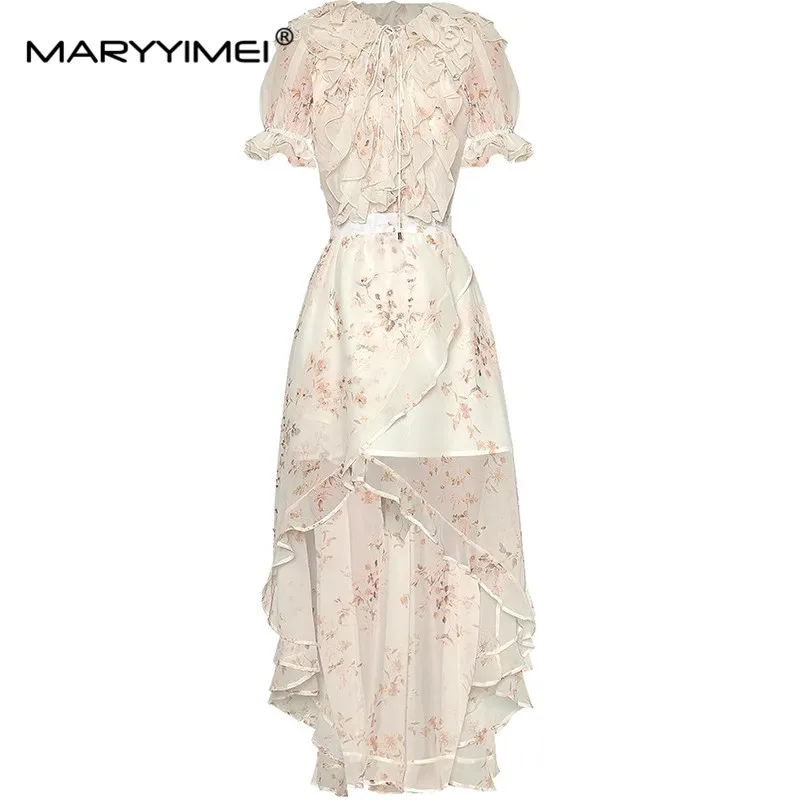 MARYYIMEI Spring Summer Women's Suit V-Neck Short Sleeved Flounced Edge Shirt Top+Asymmetrical Half Skirt Print 2 Piece Set