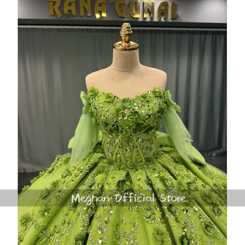 Green Quinceanera Dresses Ball Gown Off The Shoulder Appliques Beaded Sweet 16 Dresses 15 Años Mexican Customized 2