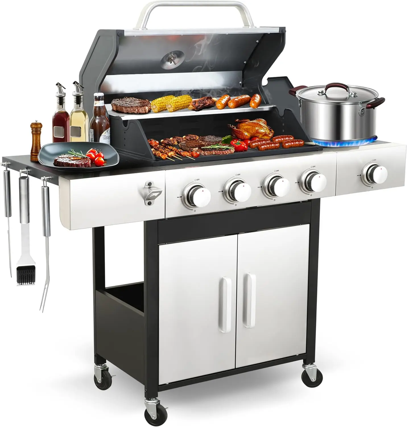 

BTU Output Propane Gas Grill with Side Burner and 4 Main Burners - Double-layer Stainless Steel Lid, Cast Iron Grids and Plate,