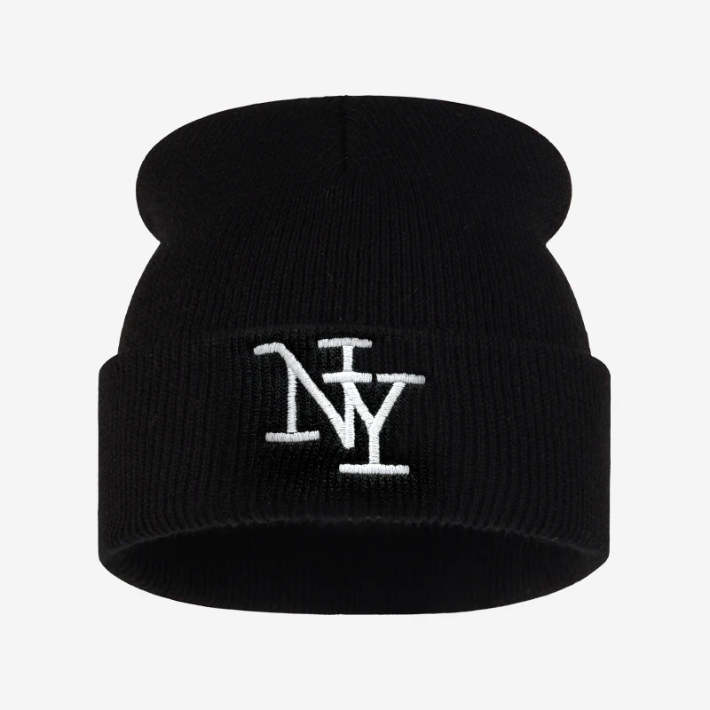 NY Letter Embroidery Knit Beanie Adult  Women Soft Stretchy Thermal Winter Hat Hip‑hop Street Style Christmas Holiday Party Gift