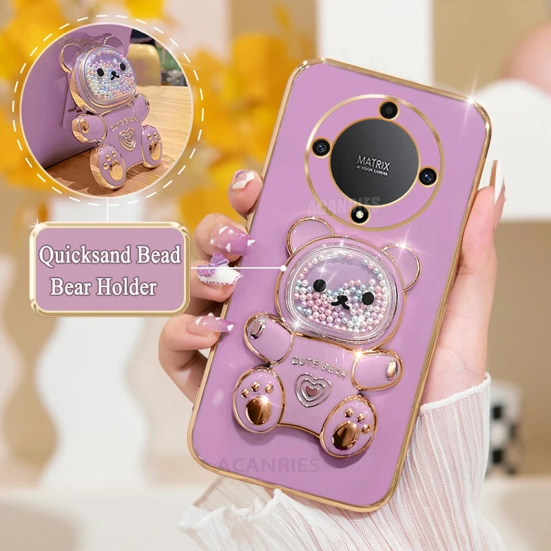 Magic5lite Luxury Plating Bear Holder Silicone Case For Honor Magic 5 6 Magic5 Magic6 Lite 70 90 Pro X8 X8b X9a X9b Stand Cover