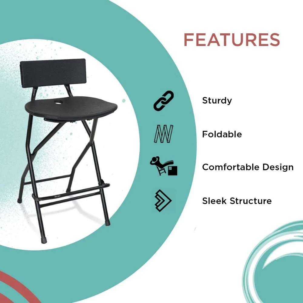 Tabouret de bar pliant avec dossier, cadre en métal noir, support arrière, TitanPRO