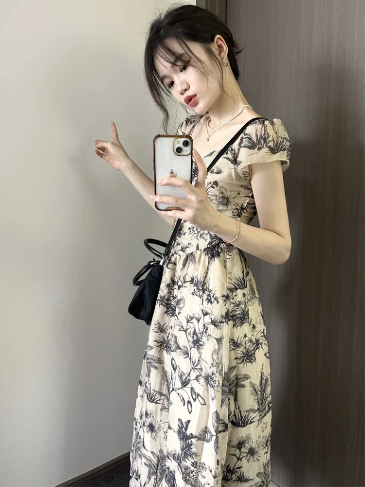 Dresses Women Elegant Attractive Chinese Style Retro Streetwear A-line Popular Holiday Mature Shirring Design Leisure Floral New