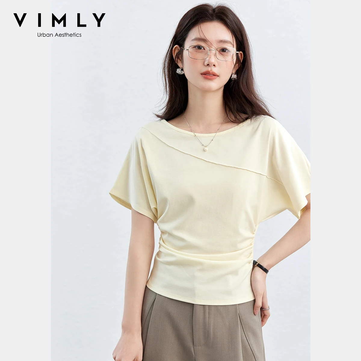 

Женская футболка VIMLY с вырезом-лодочкой и коротким рукавом, летняя новинка 2026 года, с отстегивающимися лентами, драпировкой на талии, минималистичный повседневный вязаный топ A5163