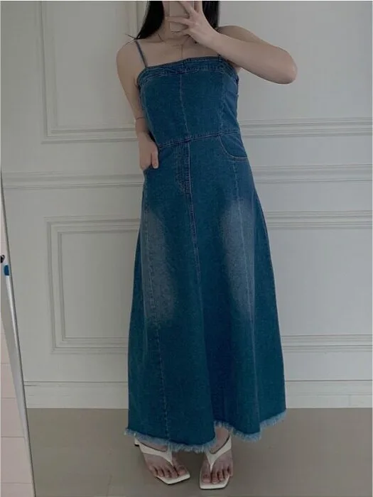 Korean Style Long Denim Dress Waist Cinched Strapless Maxi Skirt for Women Spring Summer Autumn Winter Casual Date Streetwear