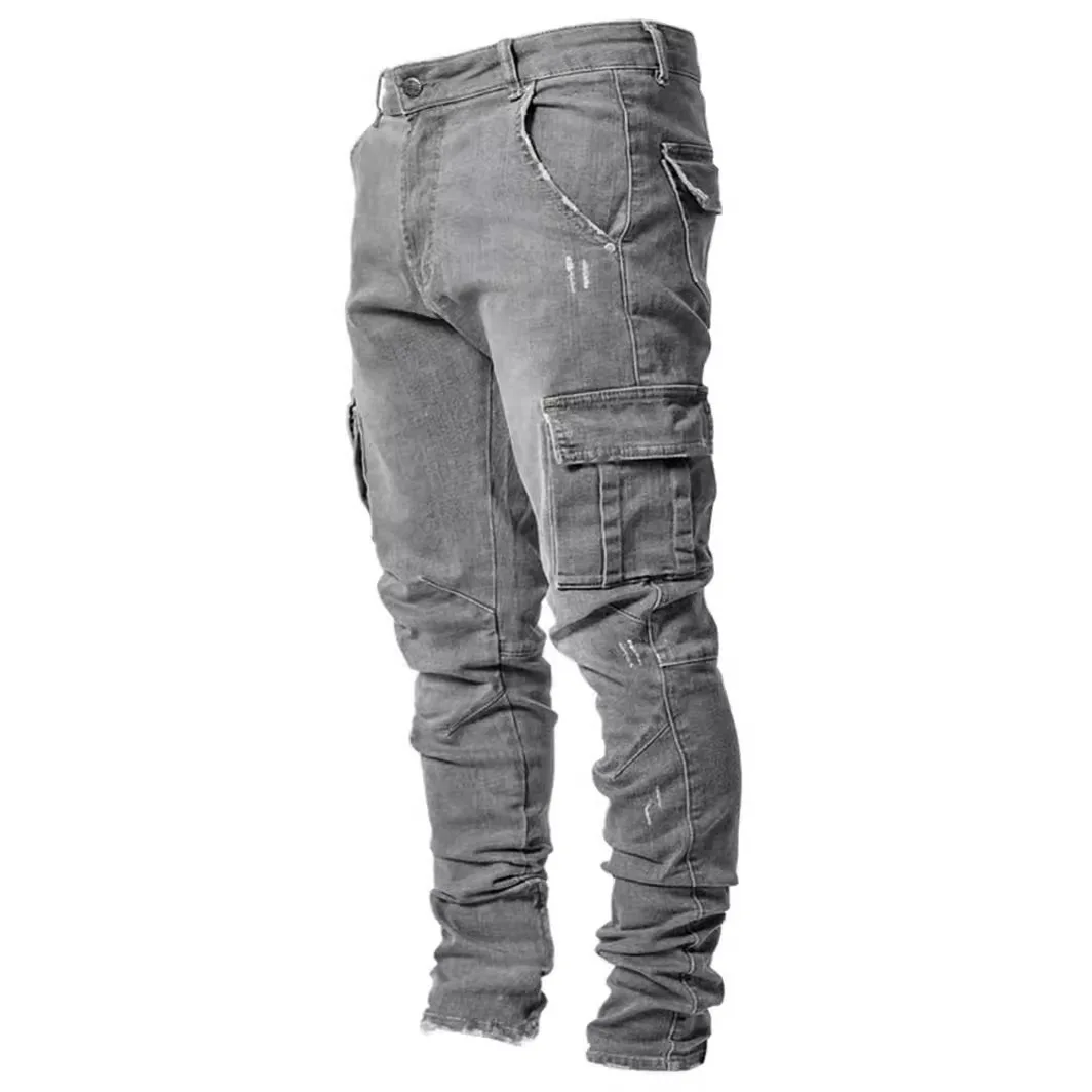 Stasiun Eropa rekreasi trendi pria elastis Multi saku legging Slim Fit denim pakaian kerja Populer