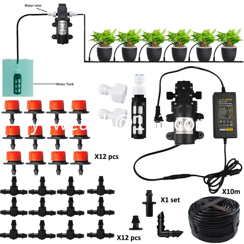 10M Garden Irrigation System Automatic Micro Spray Dripper Drip Irrigation Kit with Pump Self-priming 1/4 