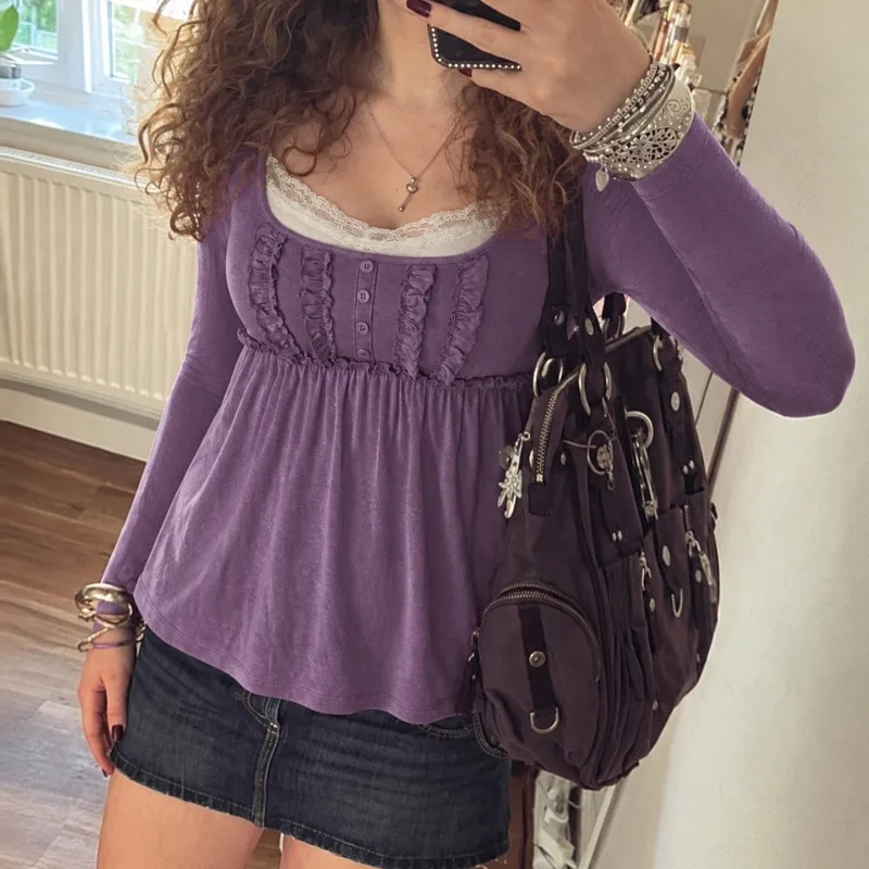 French Lace Layered Tops Women Fake Two Piece Ruffle Trim Square Neck Long Sleeve T Shirt A Line Babydoll 2026 Fall Coquette Top