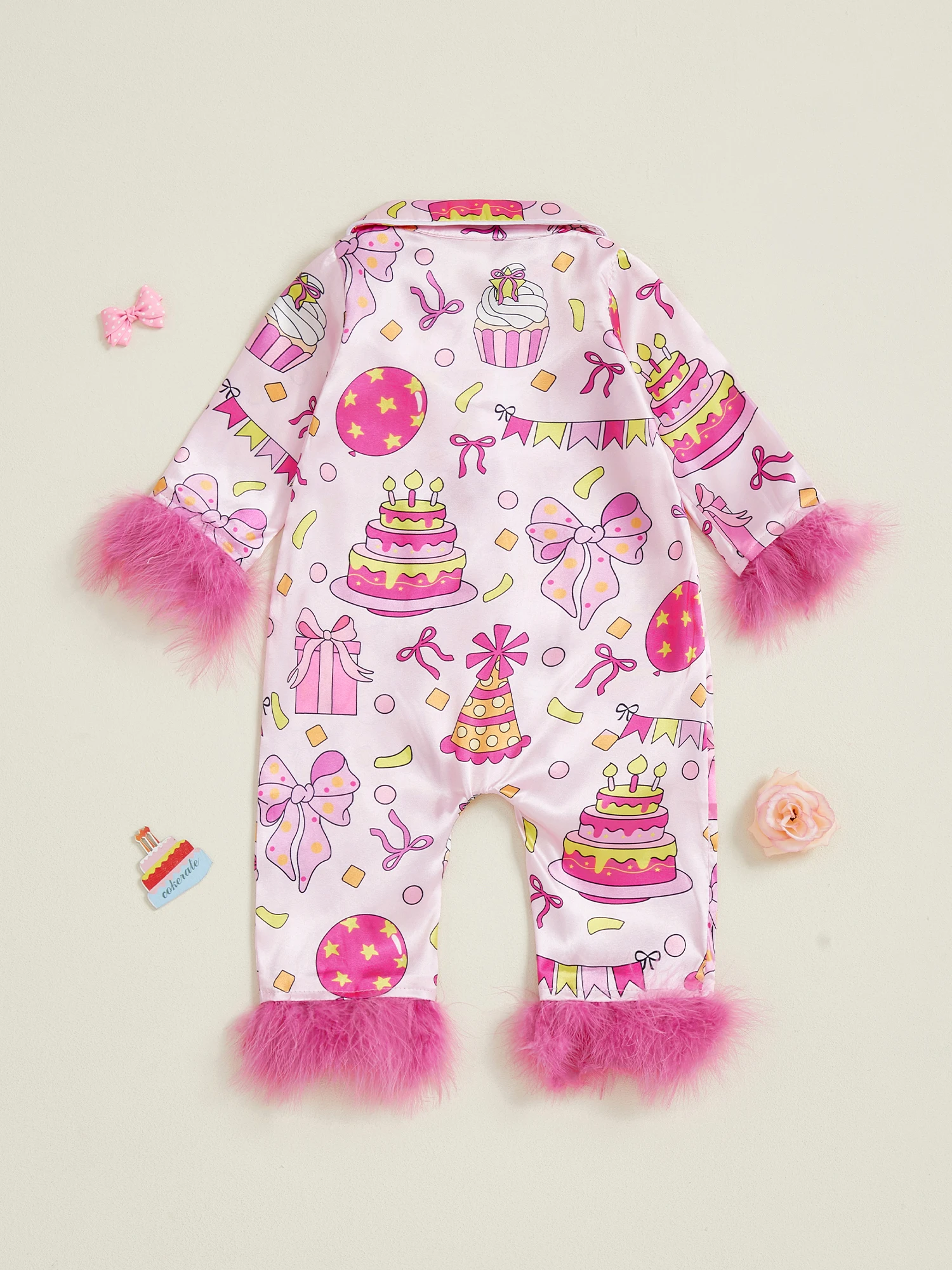 

Toddler Girls Silk Pajamas Set with Long Sleeves Collar Birthday Cake Print Bow Balloon Design Fuzzy Cuffs and Hem -