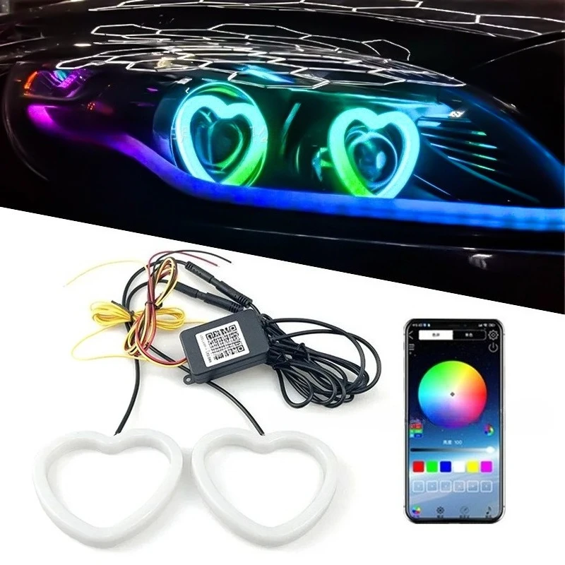 

Универсальные RGB LED кольца-ангельские глазки для автомобилей с управлением через приложение, многоцветные дневные ходовые огни, кольцевая подсветка фар