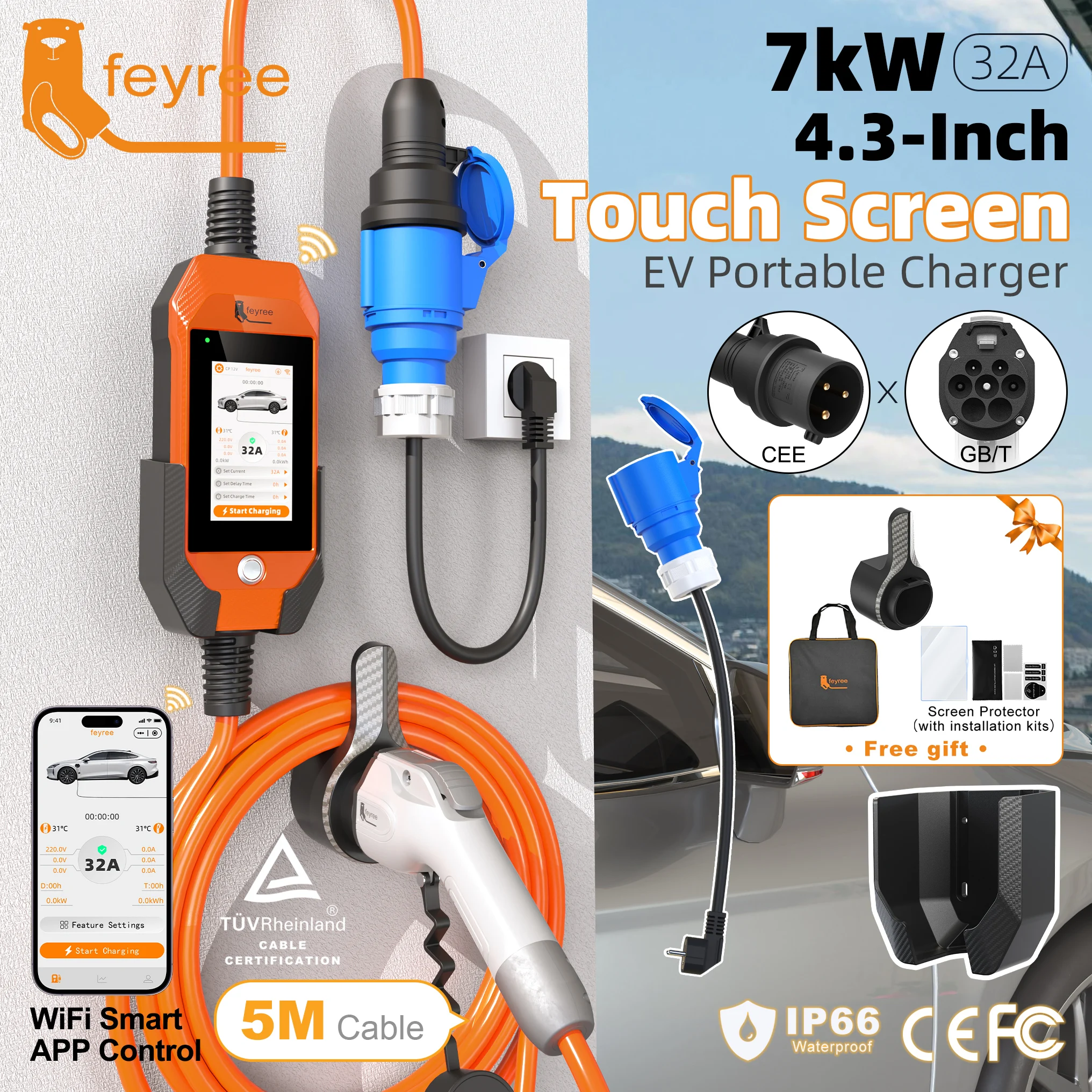

feyree Portable EV Charger 4.3" Touchscreen 7kW 32A GBT Plug, Smart APP WiFi Control, with Charging Log History for Electric Car