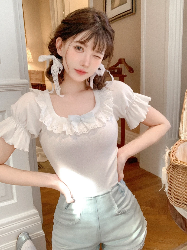 Summer Lace Slim Lolita Kawaii T-Shirts Women Blue White Japanese Sweet Cute Blouse Female Puff Sleeve Korean Style Clothes 2023