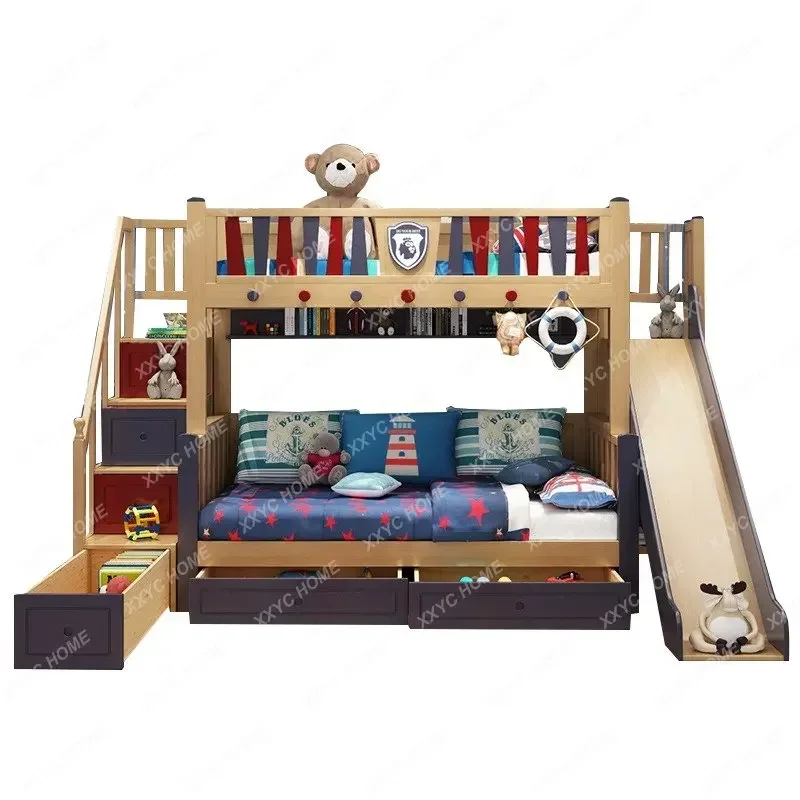 

Solid Wood Height-AdjustableBunkSlide Small Apartment Wood Color High Box Wooden Bed Double-Layer Children's Bed