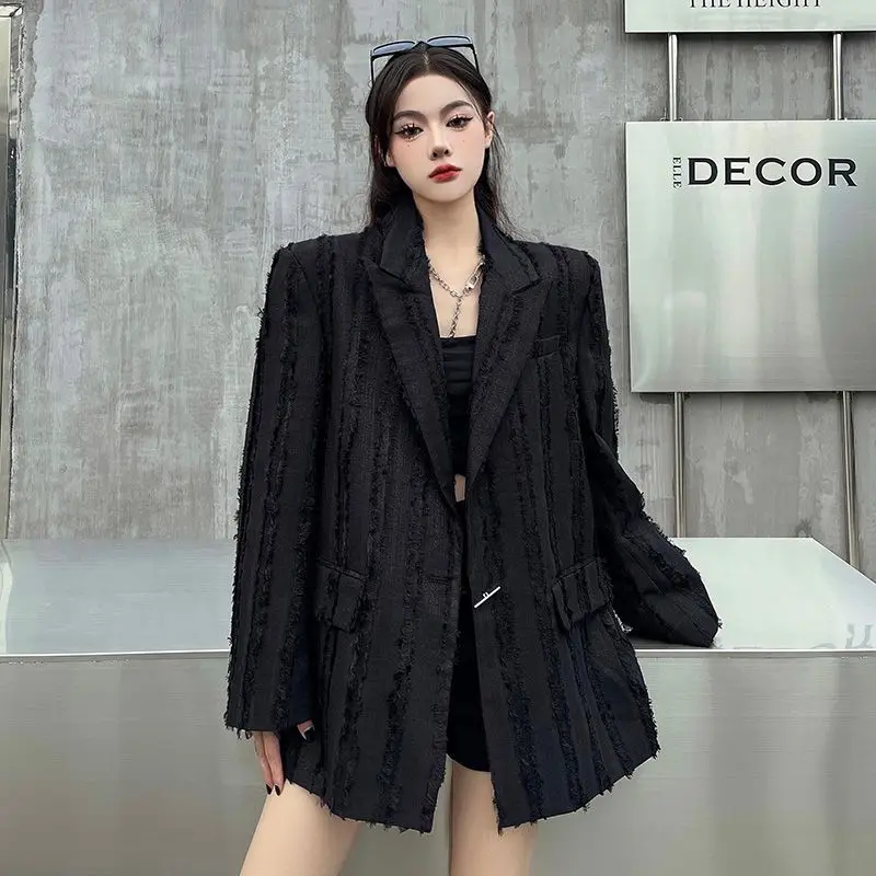 Black Blazer Women's 2023 New Unique Design Loose Fringed Raw Edge Petite Suit Jacket Trendy Female Office Lady Coat Hot Sale