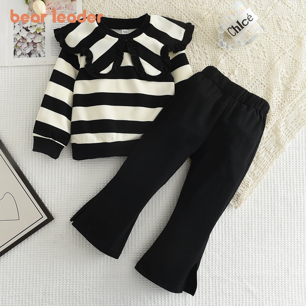 

Bear Leader Girls' Long sleeved Set 2023 Autumn New Girls' Large Polo Neck Pleated Stripe Top+Flare Pants Two Piece Girls' Set