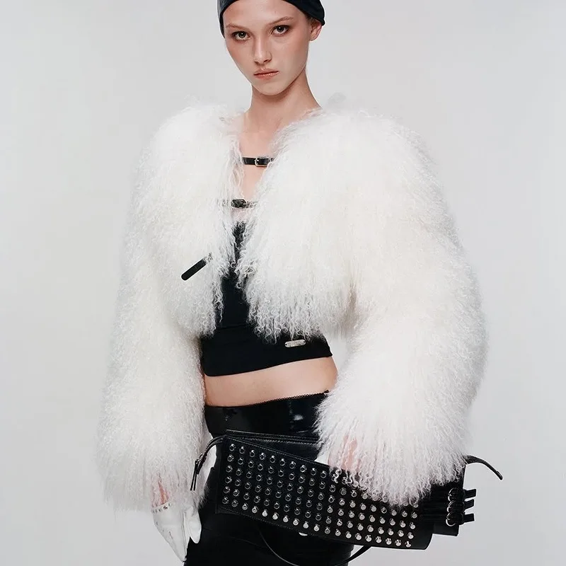 Women Solid White Faux Fur Coats Winter O Neck Long Sleeve Belts Open Stitch Thick Warm Jackets Crop Tops Trend Furry Outerwear