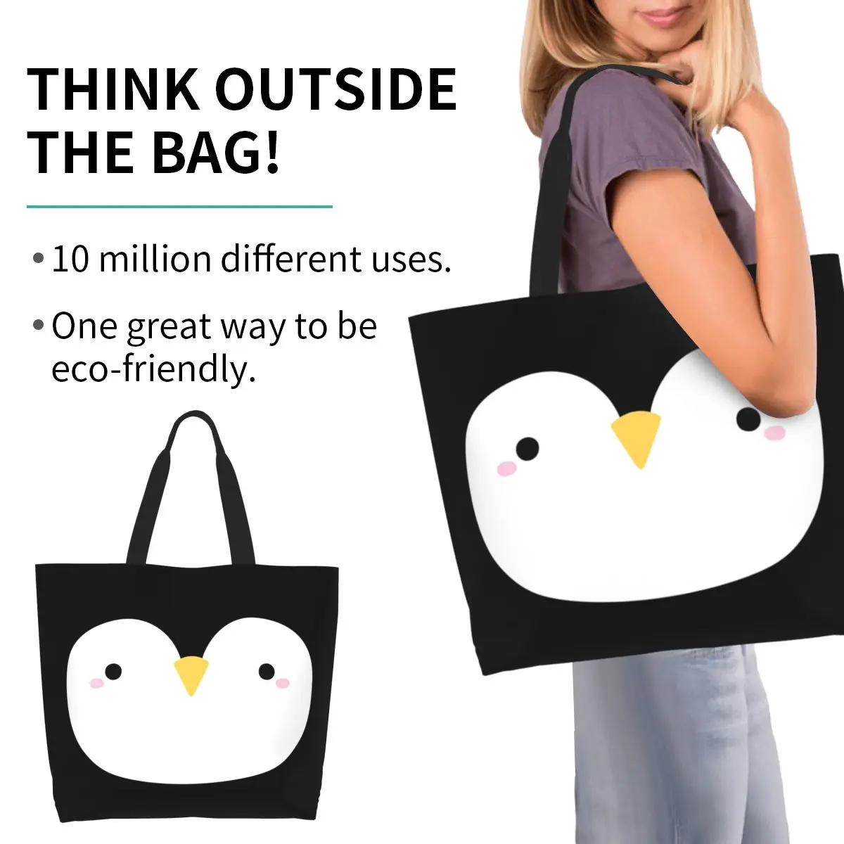 Cute Little Penguin Face Shopping Tote Bag Canvas Large Capacity Shoulder Bags Shopper Grocery Handbag for Women