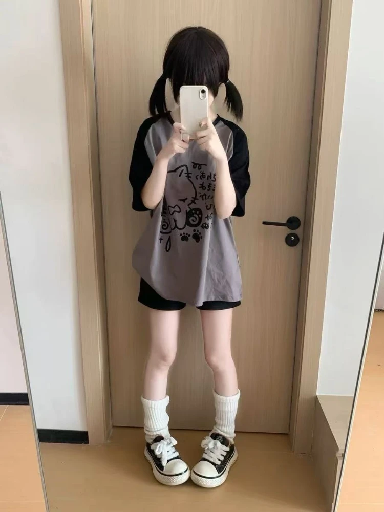 Japanese Summer Cartoon Printing T-shirts Y2k Aesthetic Casual Loose Kawaii Tops Women Contrast Color Patchwork Harajuku Tees