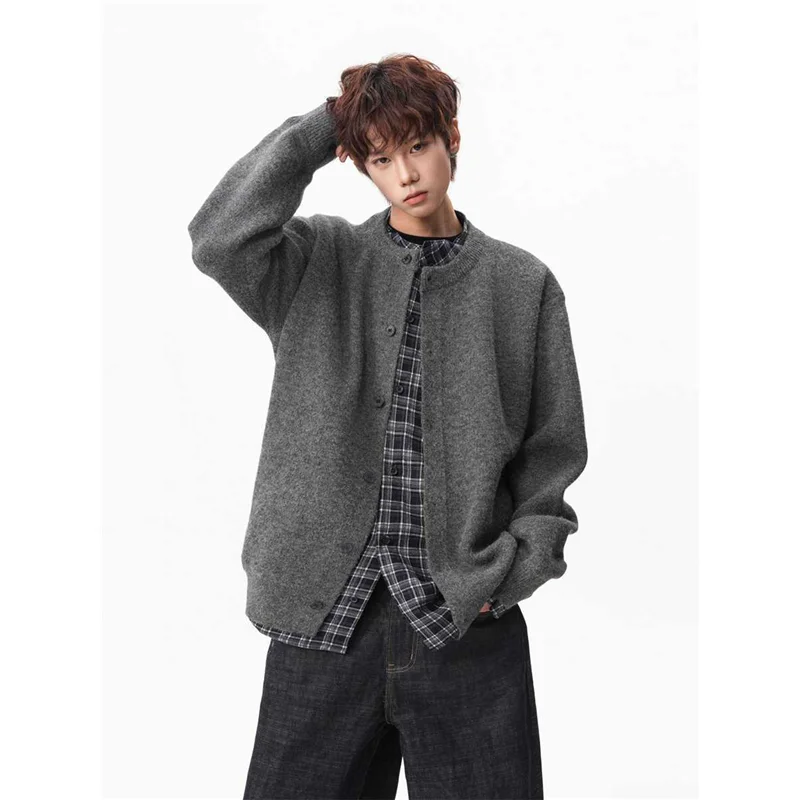 

ay Plaid Casual Men's Knitted Sweater Coat Loose Quali Winter New Sle Laid-ba Vintage Two-piece Look Fake Outerwear