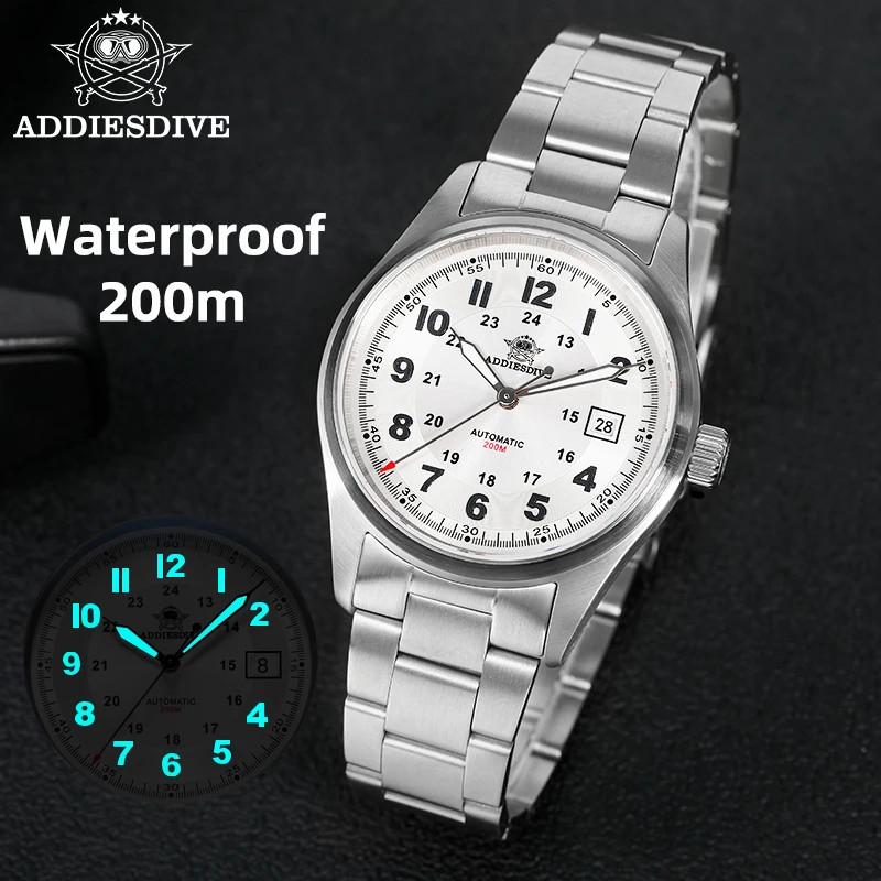ADDIESDIVE 39 mm Herren-Vintage-Uhr, 200 m wasserdicht, Saphirglas, BGW9, superleuchtende Datumsanzeige, klassische mechanische Taucheruhr mit Edelstahlarmband