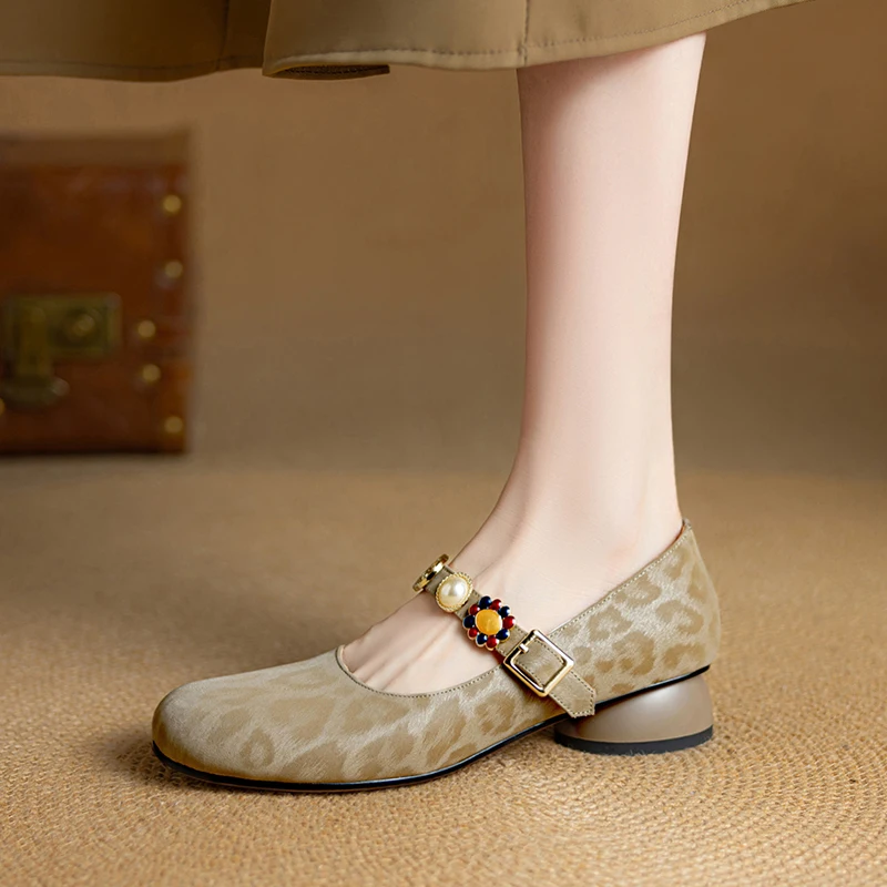 

Genuine Leather Leopard Print Mary Jane Flats 2026 New French Vintage Low Heel Single Strap Shallow Cut Shoes for Women