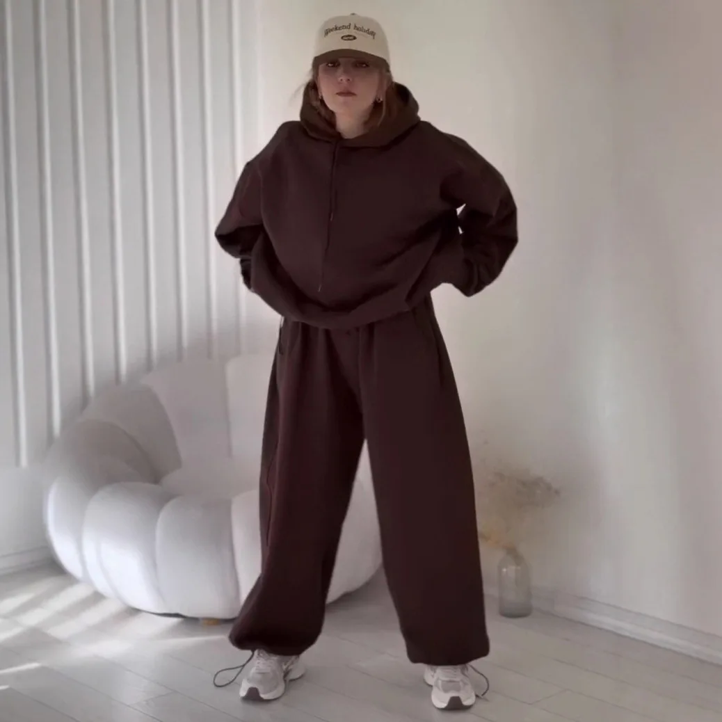 2025 Autumn New Hooded Solid Color Loose Warm Sweatshirt Pants Two Piece Set Women Multiple Colors Multiple Sizes Available