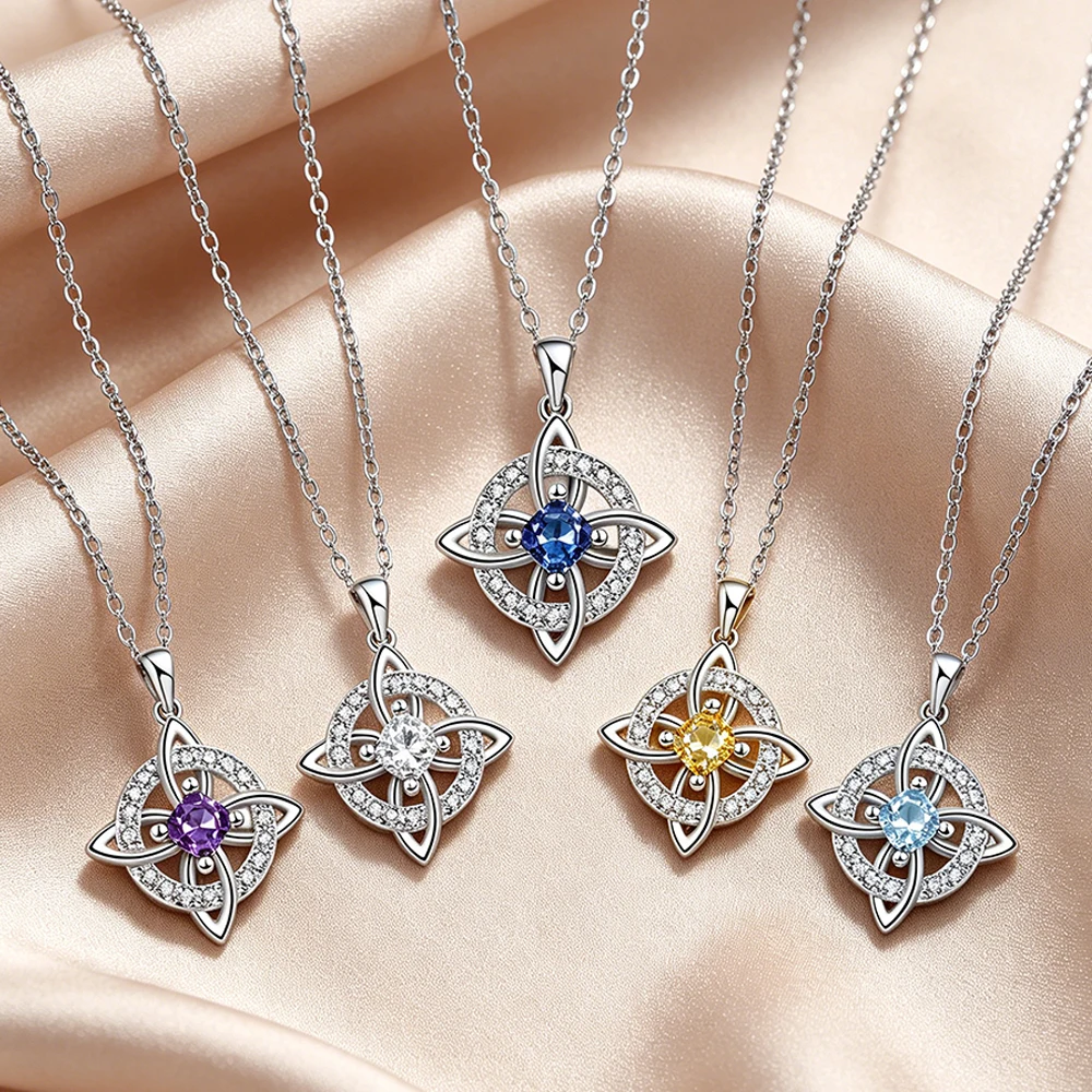 Zierliche 5A Geburtsstein-Anhänger-Halskette, 12-teilige Zirkonia-Zauberhexenknoten-Halskette für Frauen, Glücksbringer, Schutzschmuck