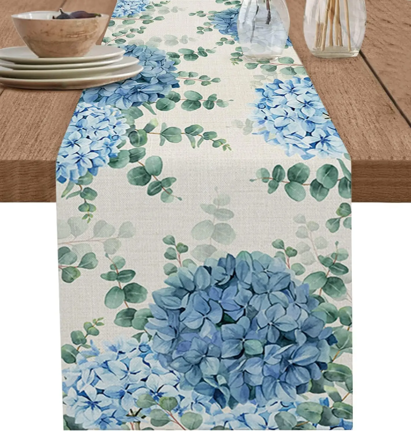 

Farmhouse Eucalyptus Blue Hydrangea Plants Linen Table Runners Dresser Scarves Dining Coffee Table Runner Holiday Party Decor