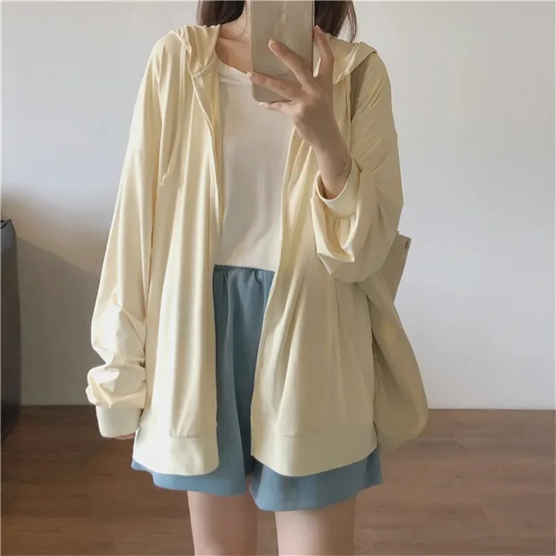 Extra Large Ice Silk Sunscreen Clothes for Women Ins Fat mm Loose and Versatile UV Protection Hooded Cardigan Coat Summer