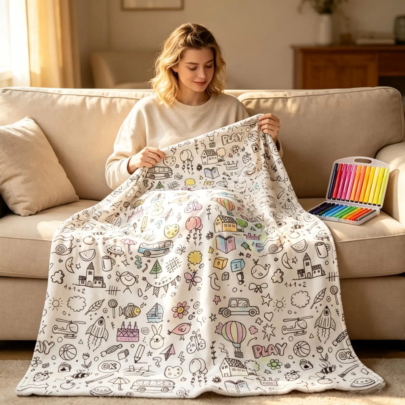 Color Your Own Blanket with 24 Markers 39.4x55.1 Inch Soft DIY Coloring Throw Creative Art Gift for Kids Adults Bedroom Sofa