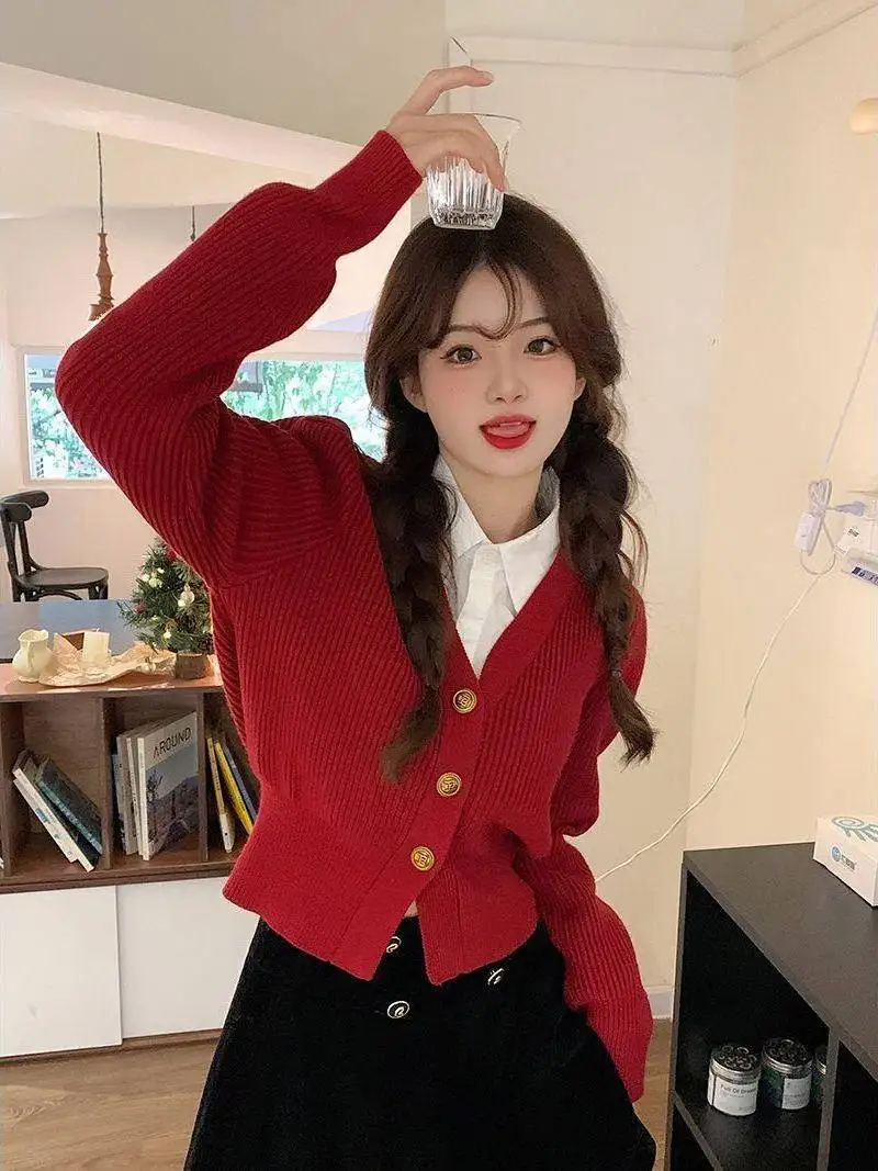 レッド V ネック オープン カーディガン ニット セーター レディース 春 秋 冬 Sle JK orm トップ ウエストシェイプ スリミング カレッジ Sle