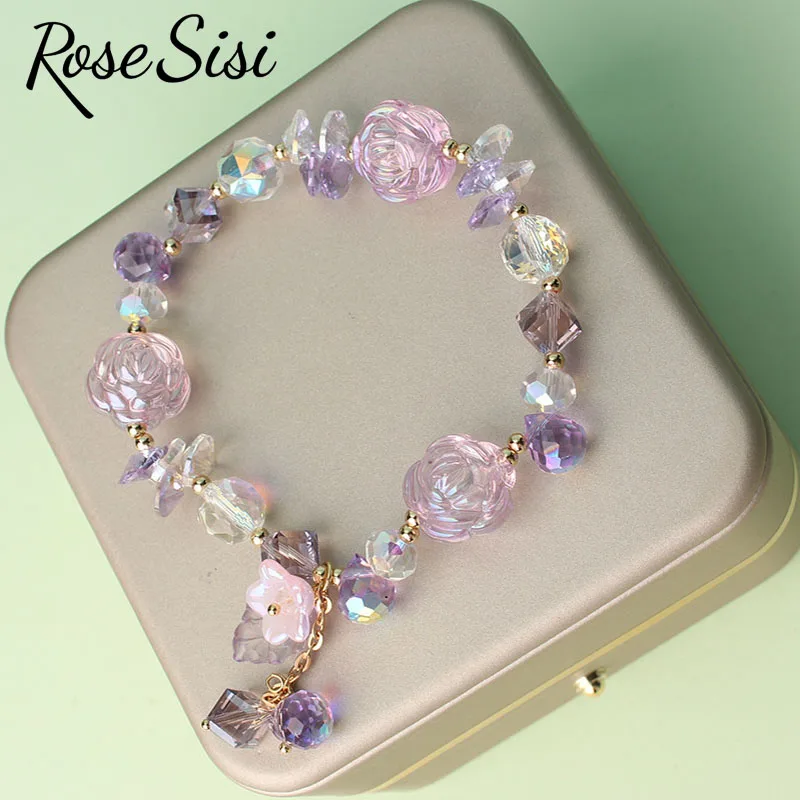 Rose sisi Korean style fresh holiday Crystal bracelet for women rose charm jewelry for women elastic hand rope Campanula pendant