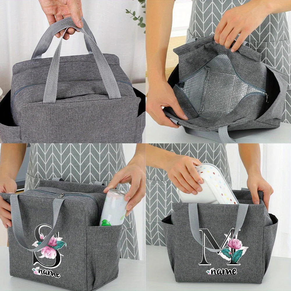 Customized Name Insulated Grey Lunch Bag Personalized Aluminum Foil Bento Black Letter Lunch Bag Insulated Picnic Food Bag