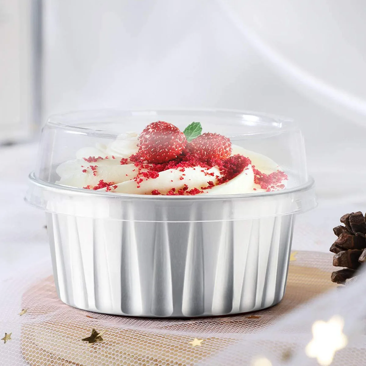 30pcs Baking Cups Aluminum Foil wih Lids, Reusable Cupcake Cups, Desserts Flans, Custard Cake Pudding Jello Cups, Kitchen Tools