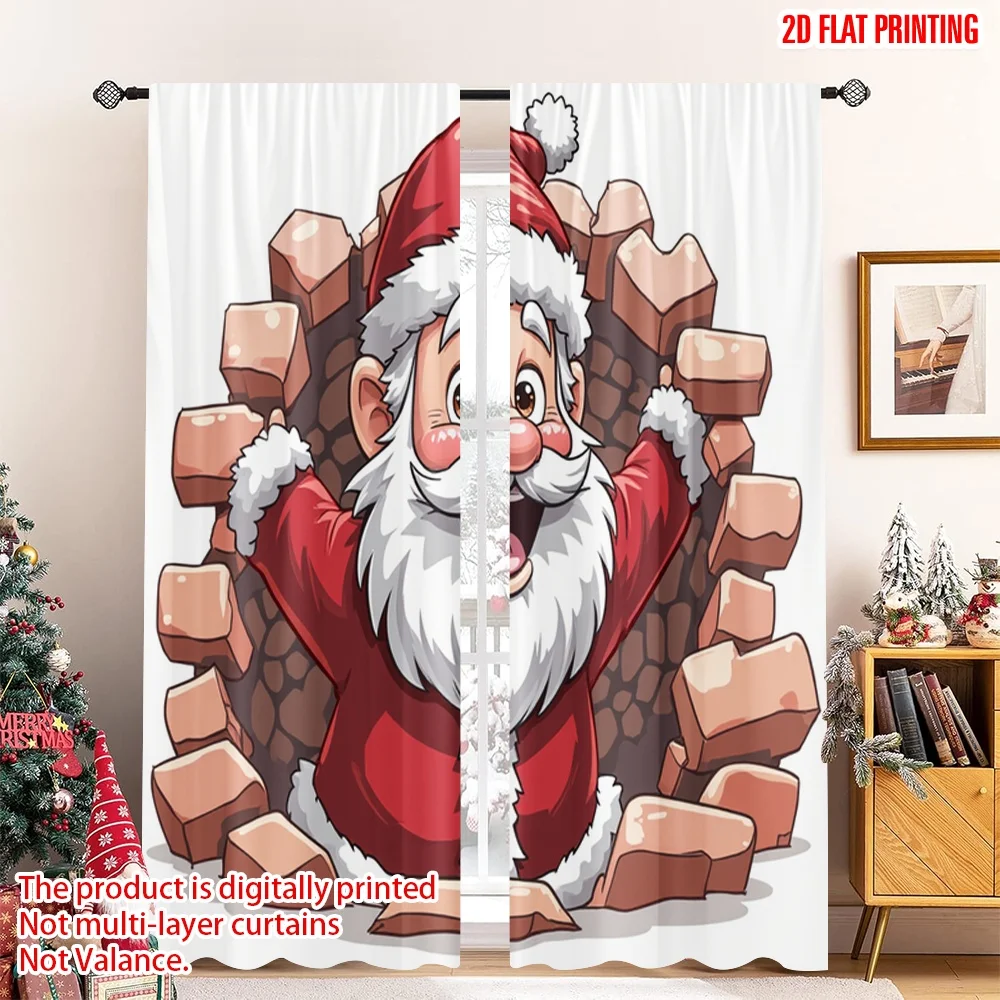 

2pcs 2D flat printing Merry Christmas Popular Window Curtains Santa Claus peeking through brick wall Polyester Without