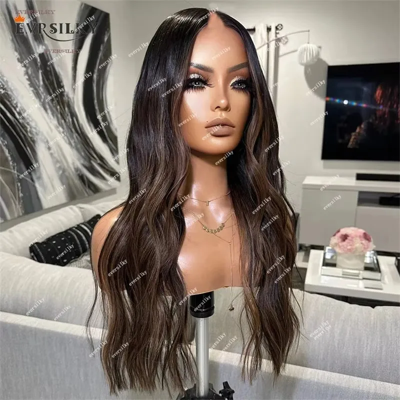 

Highlight Chocolate Balayage Brown Premium Wavy V Part Wig 100% Human Hair Wig Ombre Blonde Cheap Opening U Shape Wigs Full End