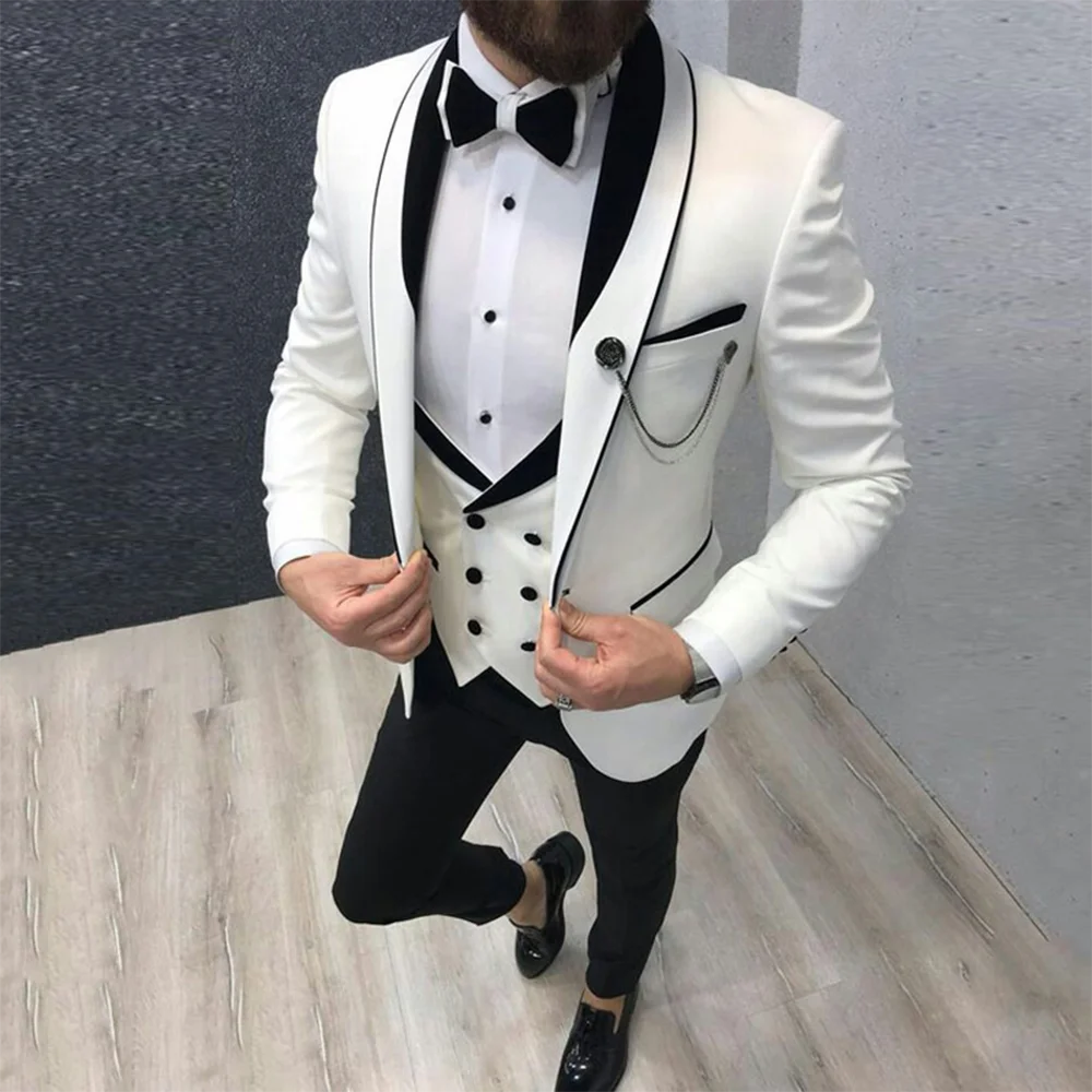 

White Men Suit Groom Wear Business Casual Party Suit For Men Slim Fit Shawl Lapel 3 Piece (Blazer+Vest+Pants) Costume Homme